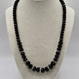 VINTAGE Faceted Black Glass and Rhinestone Beaded Strand Necklace Magnetic Back